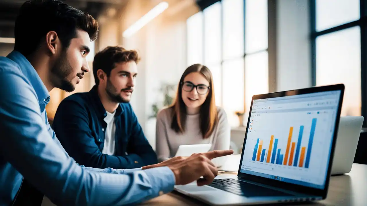 Equipo de trabajo analizando datos y métricas en un computador durante una sesión de diagnóstico empresarial.