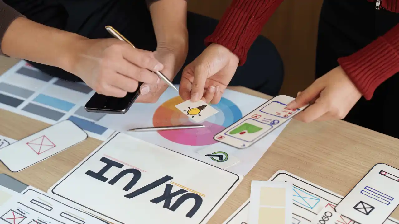 Personas colaborando en una mesa con bocetos y prototipos de diseño visual y branding.